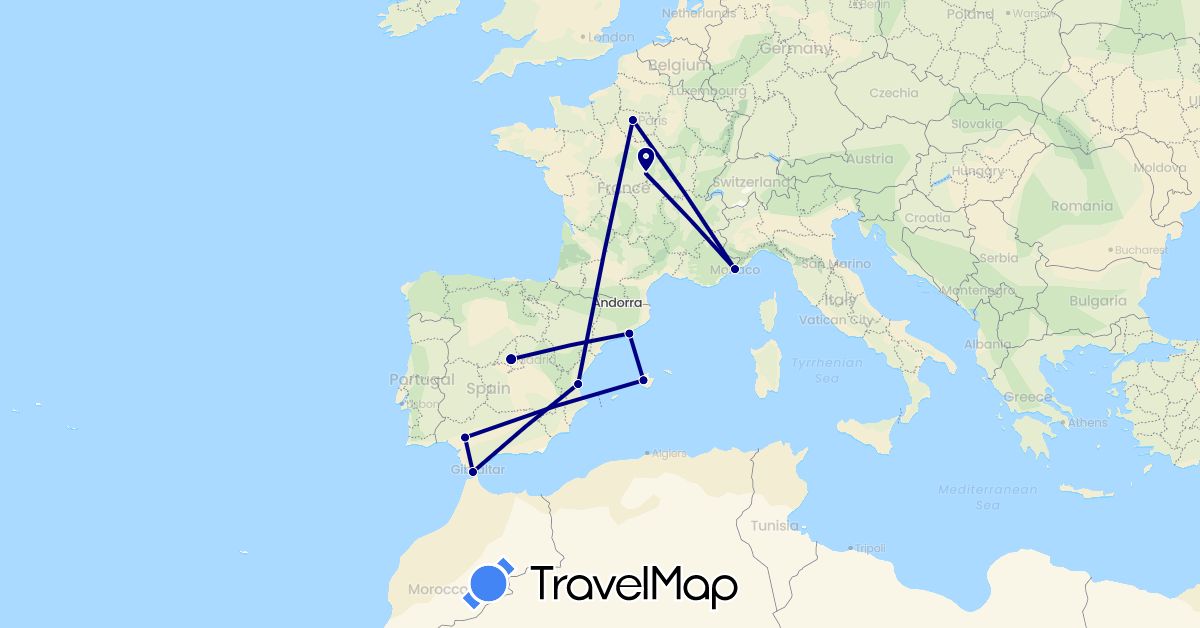 TravelMap itinerary: driving in Spain, France, Monaco (Europe)